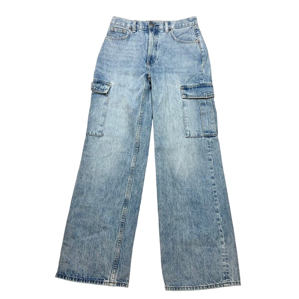 Denim Forum Aritzia The Farrah Hi Rise Cargo Jeans Womens 26 Blue Wide Leg
